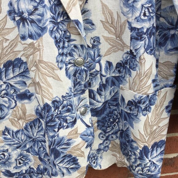 Vintage Linen Blazer Jacket Large Tan Blue Floral 80s - Picture 4 of 12